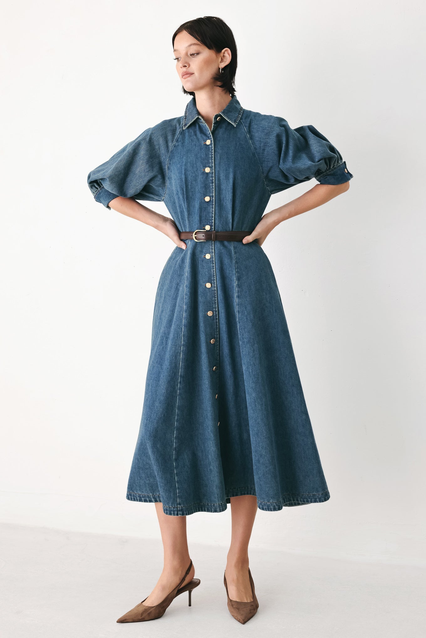DIVIDE AND CONTOUR DENIM MIDI DRESS