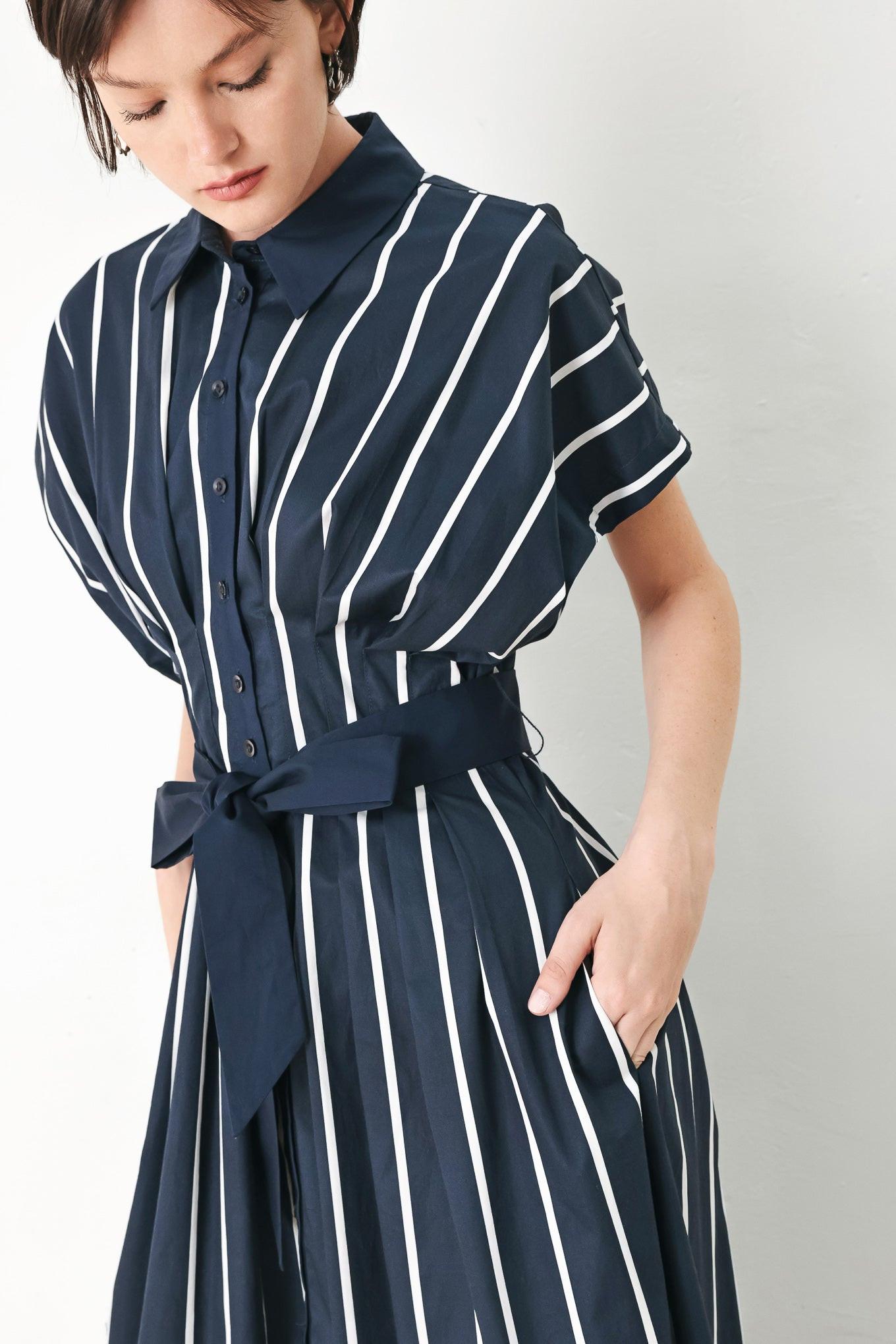 PINSTRIPE STORY WOVEN MIDI DRESS