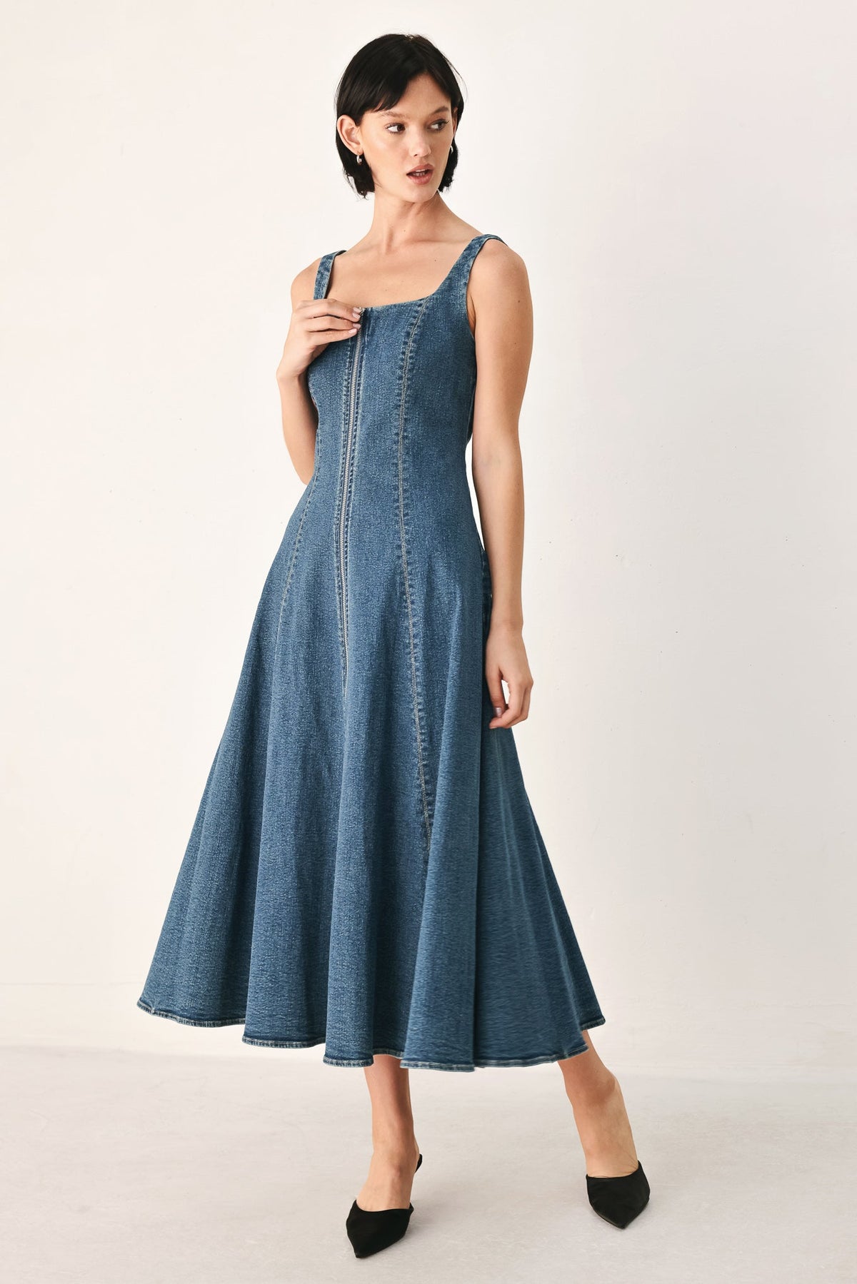 BLUE HORIZON ZIP FRONT DENIM MIDI DRESS