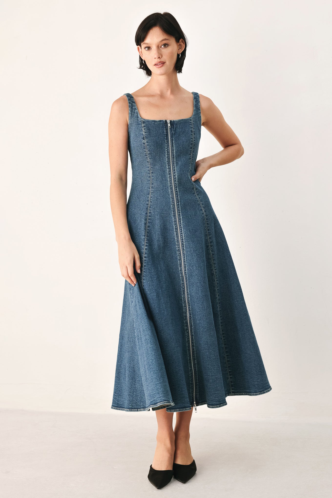 BLUE HORIZON ZIP FRONT DENIM MIDI DRESS