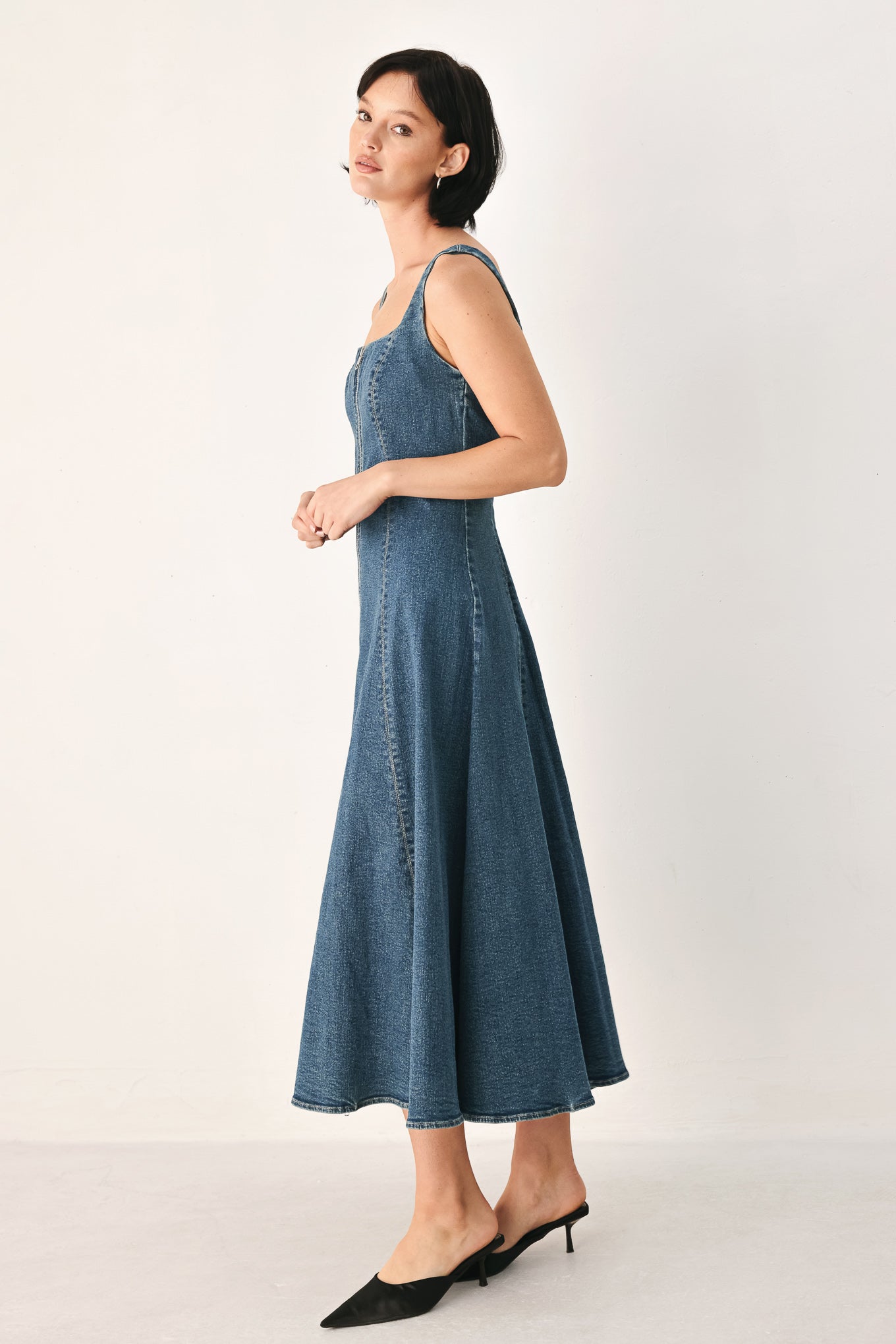 BLUE HORIZON ZIP FRONT DENIM MIDI DRESS