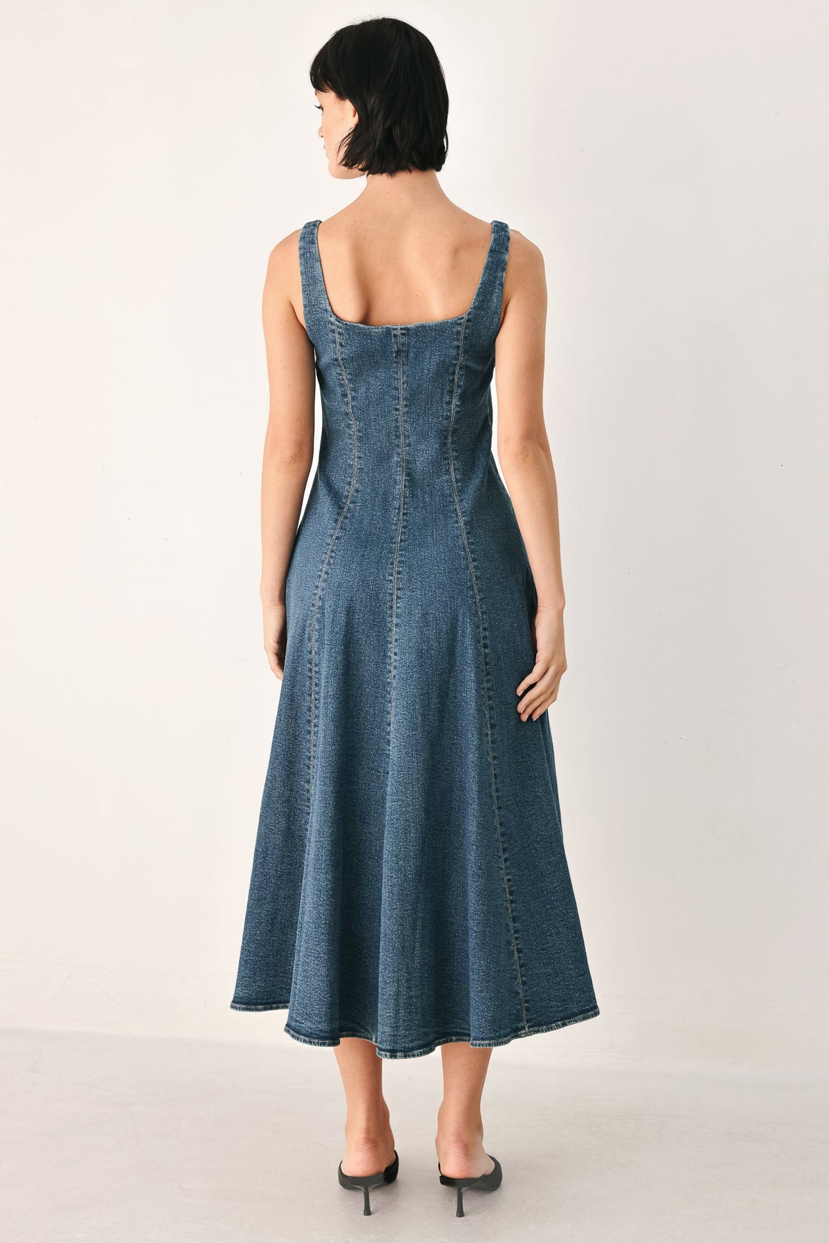 BLUE HORIZON ZIP FRONT DENIM MIDI DRESS