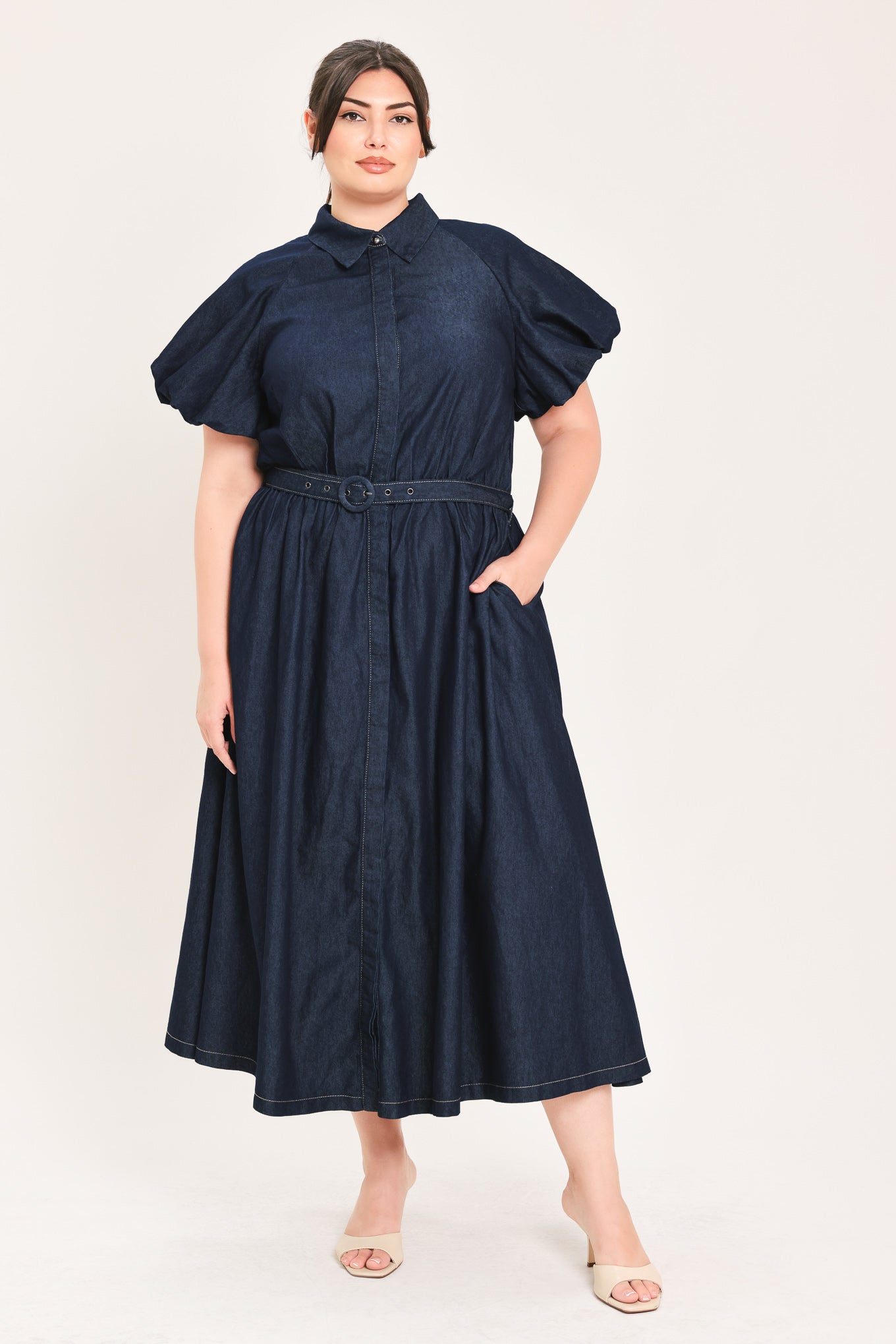 MIDNIGHT IN MANHATTAN DENIM MIDI DRESS