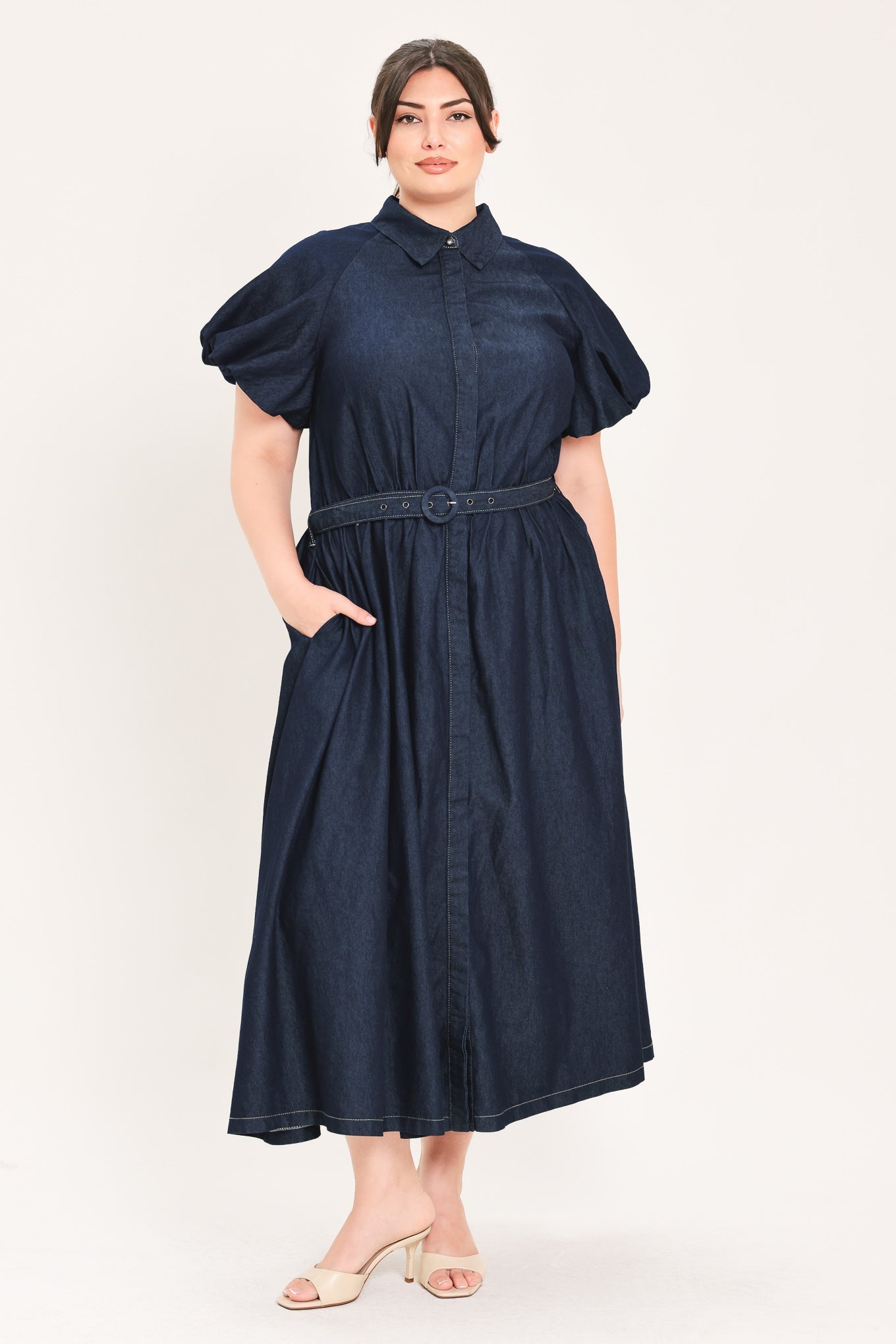 MIDNIGHT IN MANHATTAN DENIM MIDI DRESS