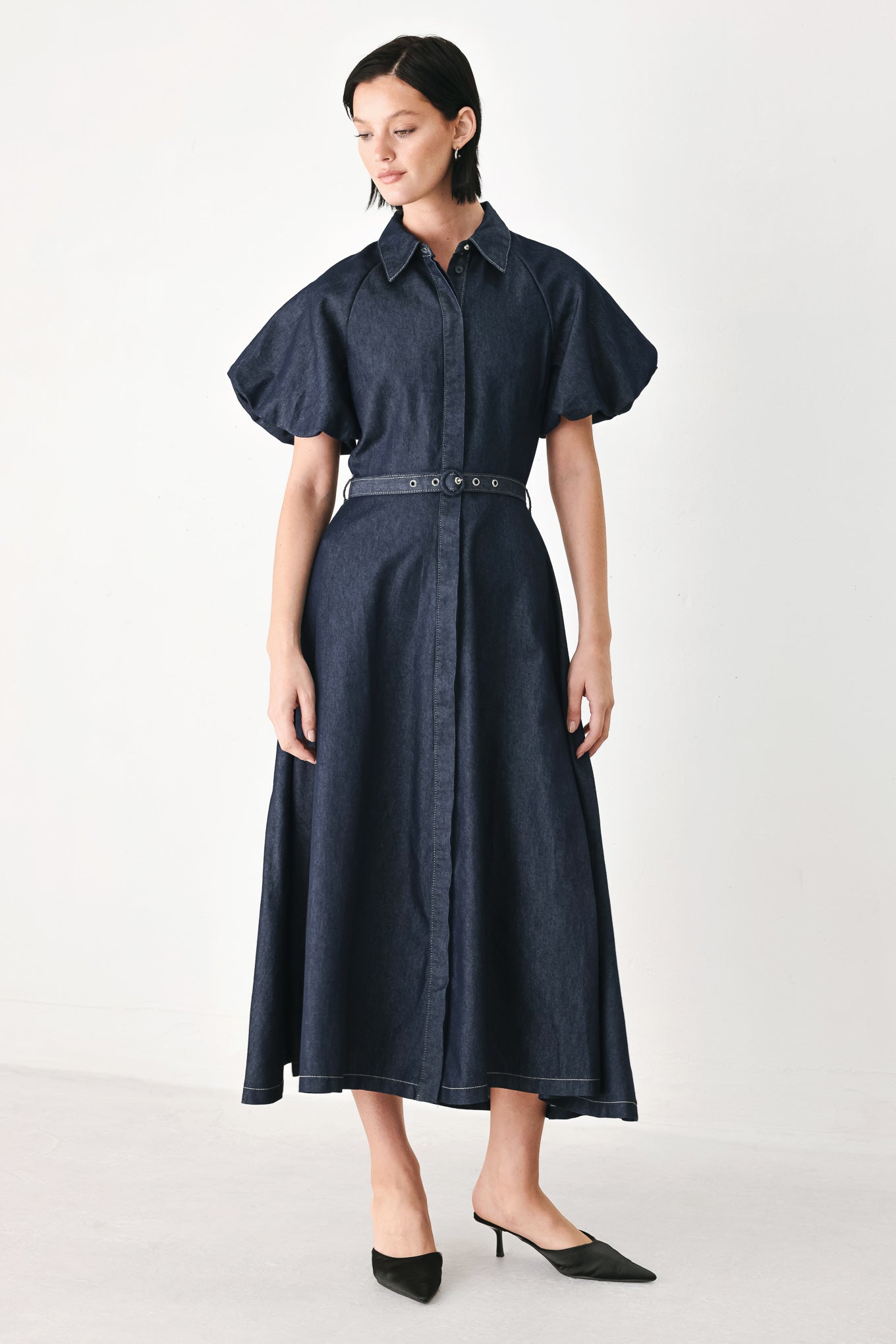 MIDNIGHT IN MANHATTAN DENIM MIDI DRESS