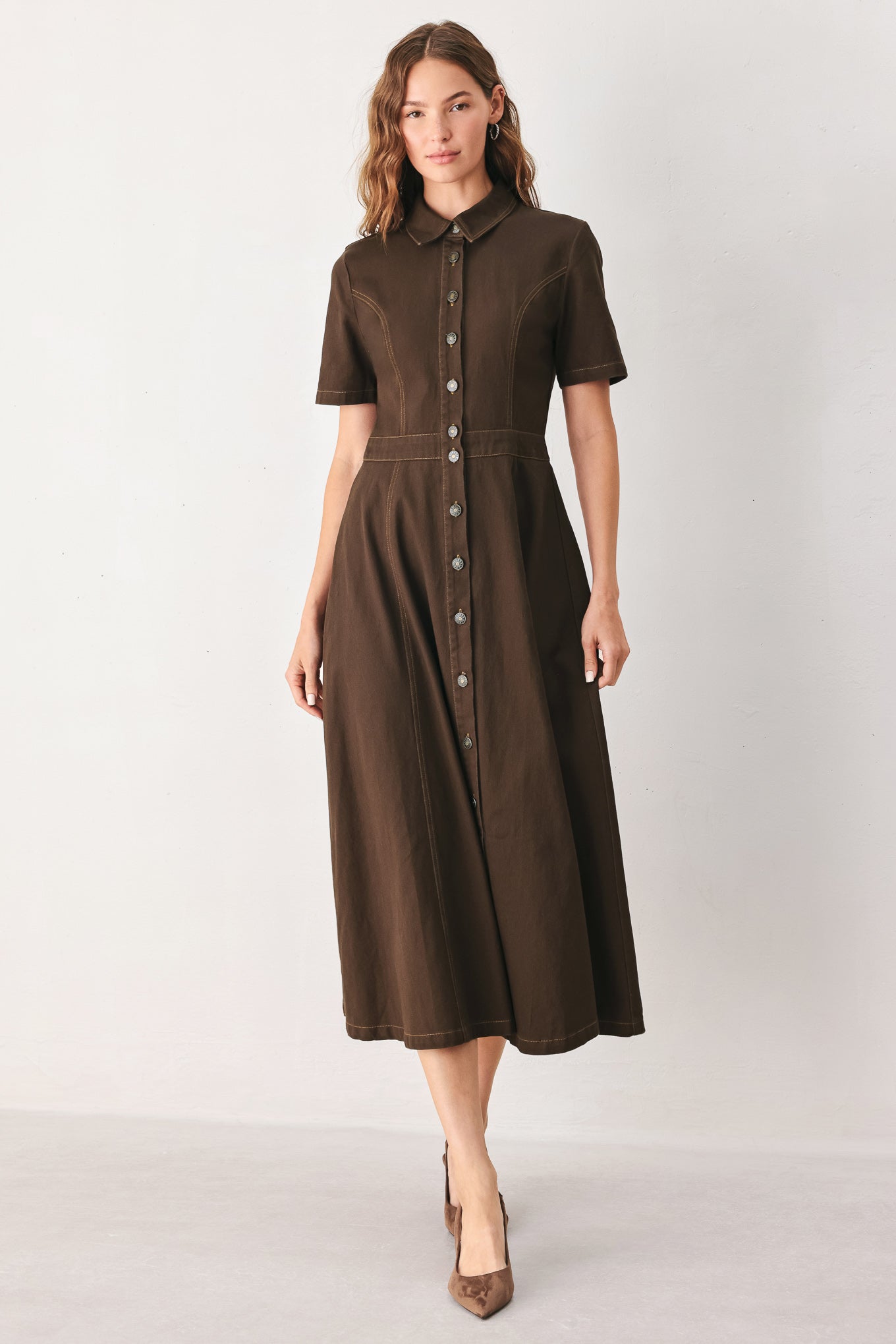 BARK BROWN VINTAGE WOVEN MIDI DRESS
