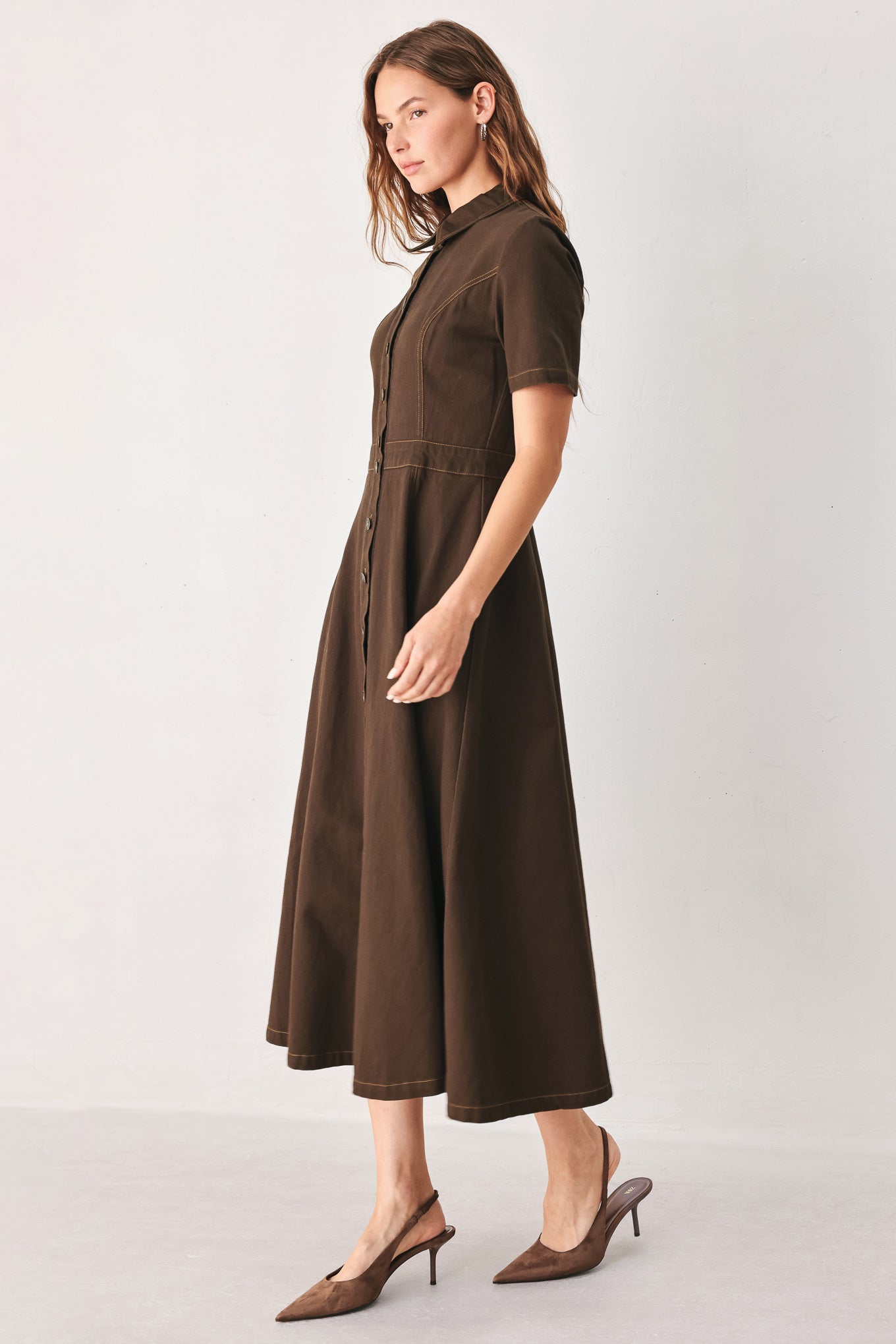 BARK BROWN VINTAGE WOVEN MIDI DRESS