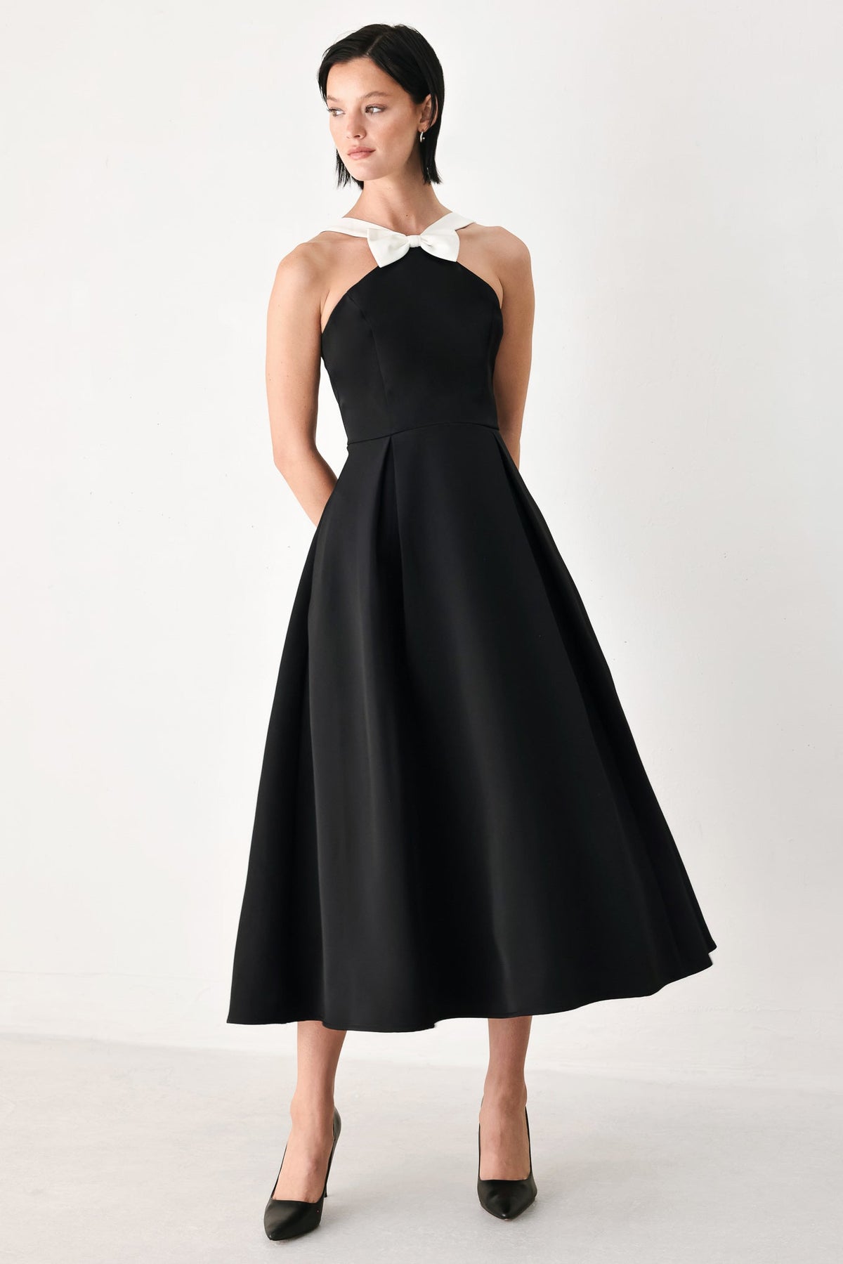 BLACK TIE AFFAIR HALTER WOVEN MIDI DRESS