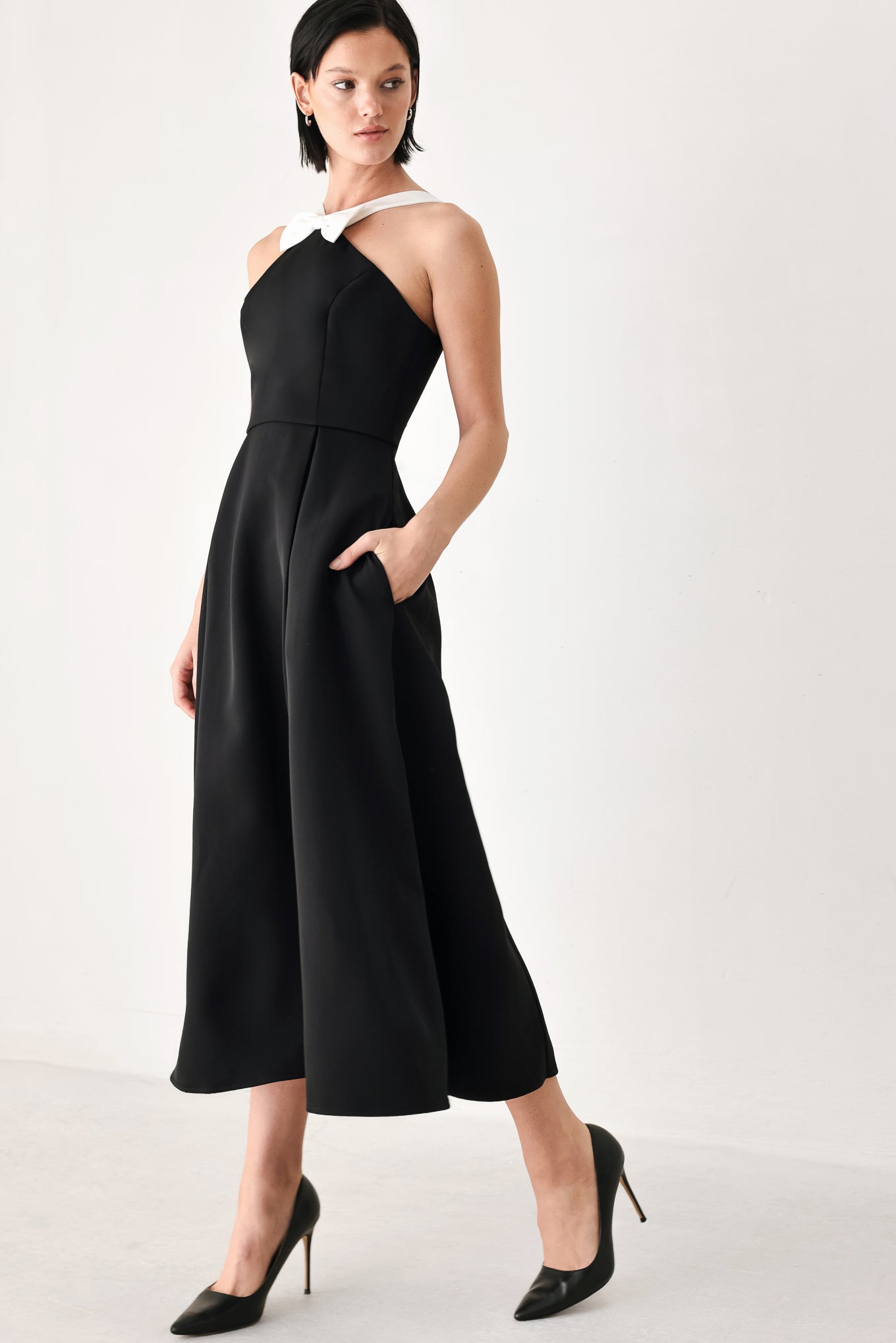 BLACK TIE AFFAIR HALTER WOVEN MIDI DRESS