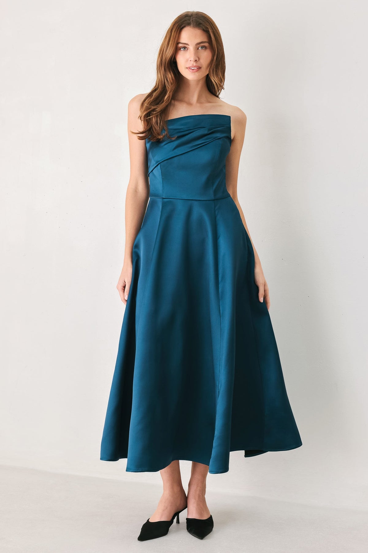 TEAL TEMPO ASYMMETRICAL STRAPLESS CIRCLE-SKIRT MIDI DRESS