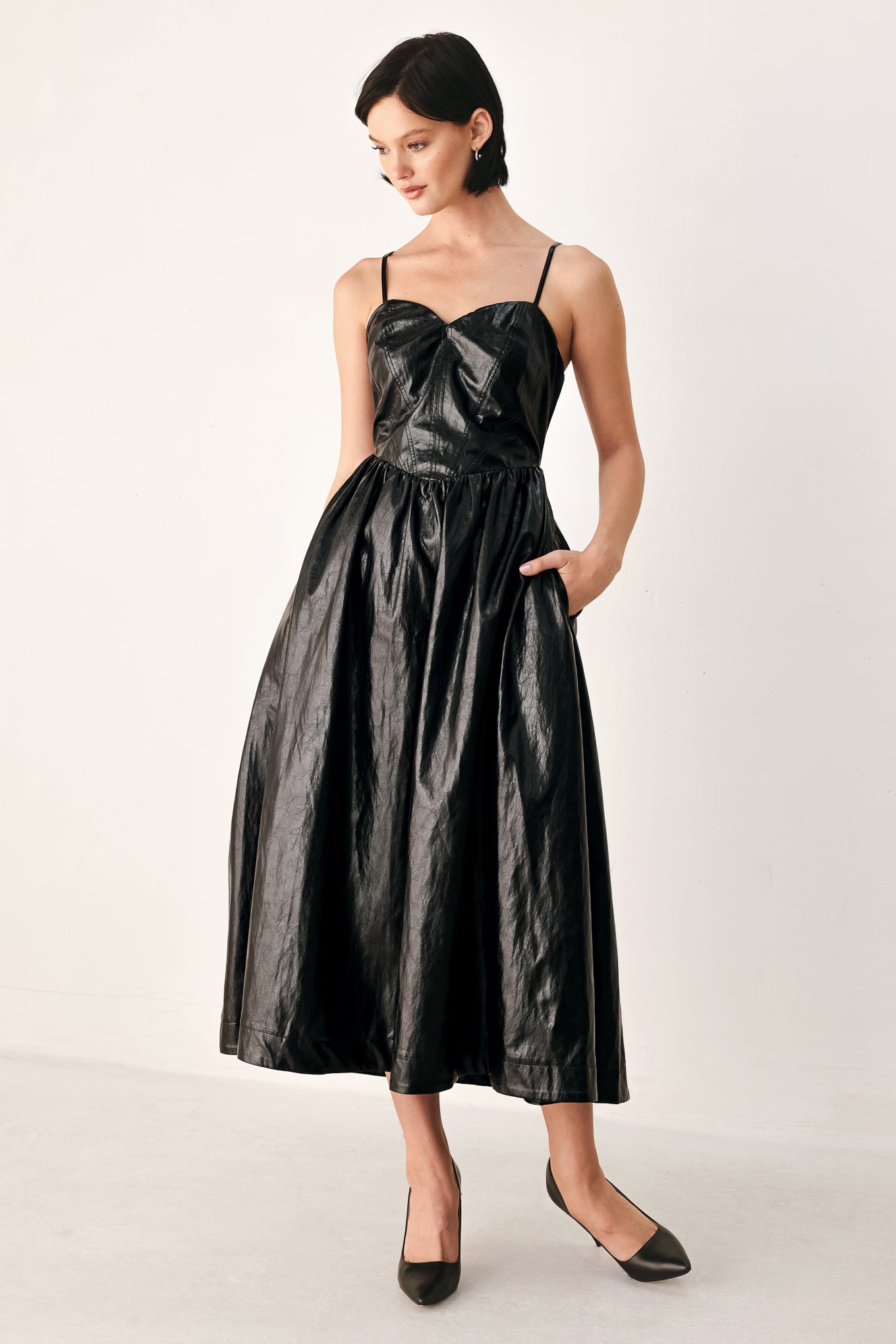 DRESSED TO THRILL FAUX LEATHER MIDI DRESS