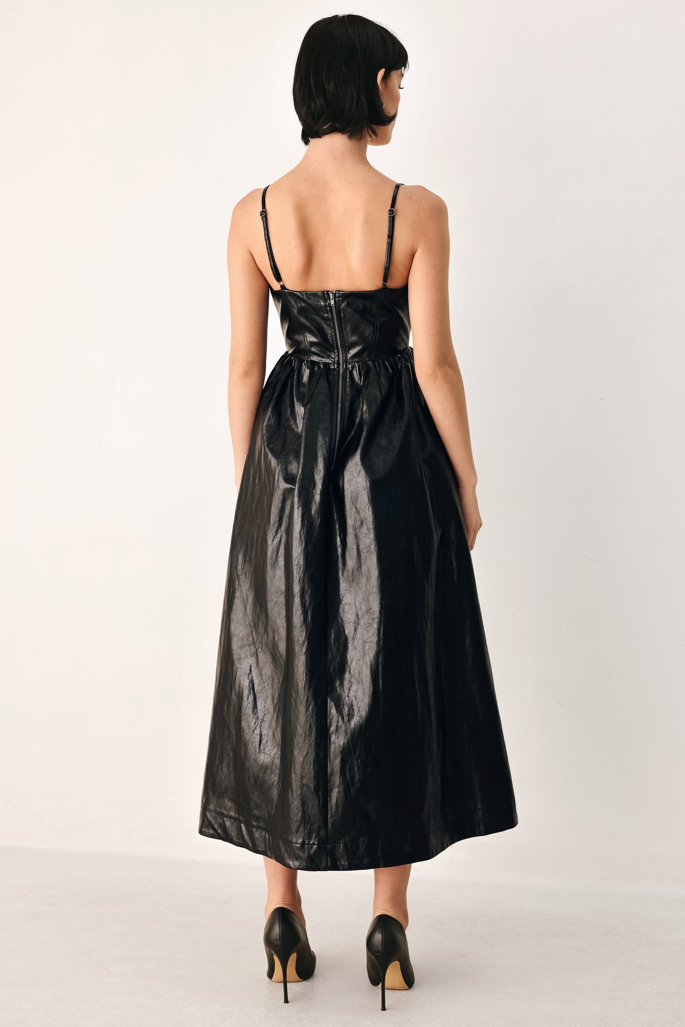 DRESSED TO THRILL FAUX LEATHER MIDI DRESS