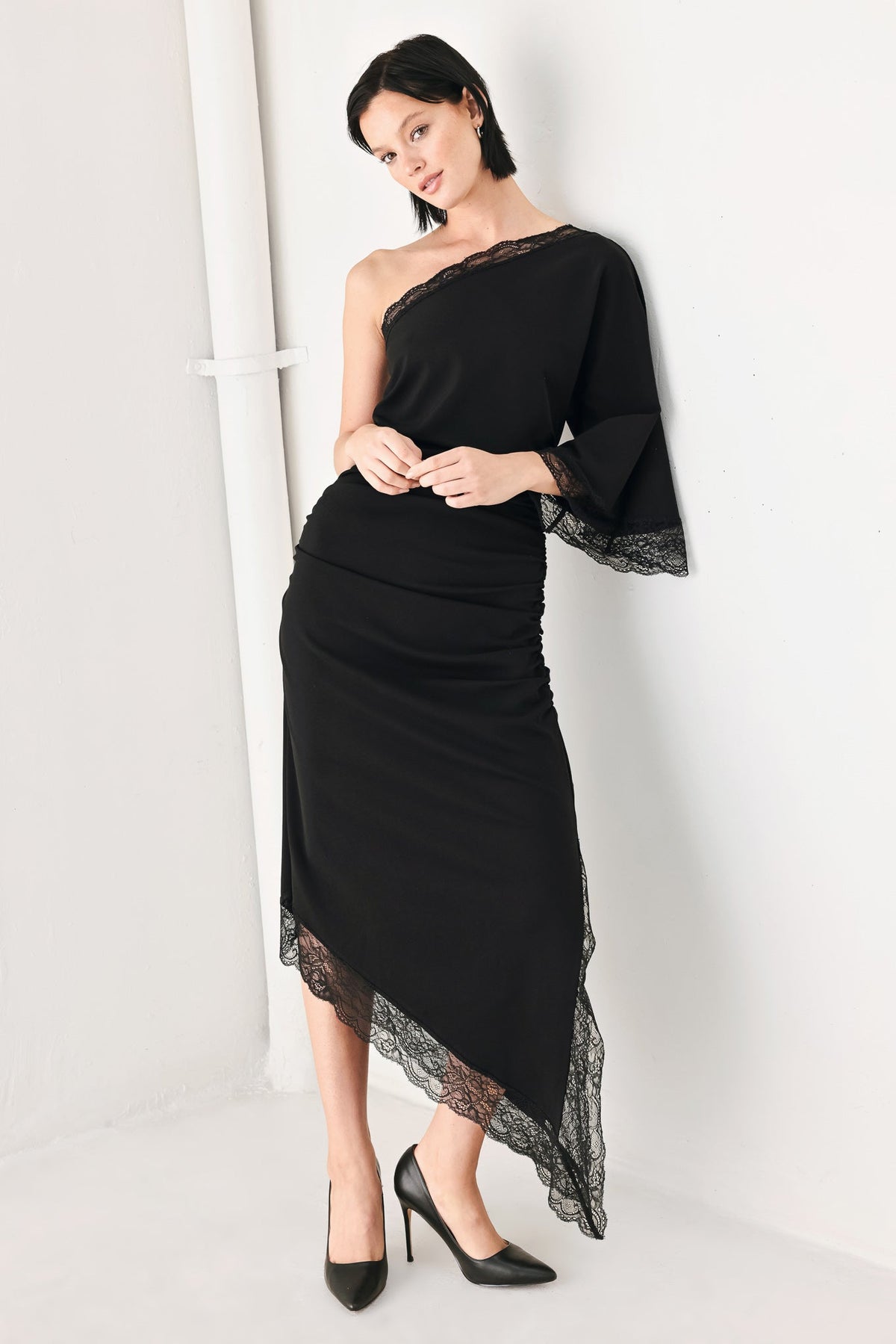 AFTER HOURS LACE TRIM ASYMMETRIC MIDI DRESS