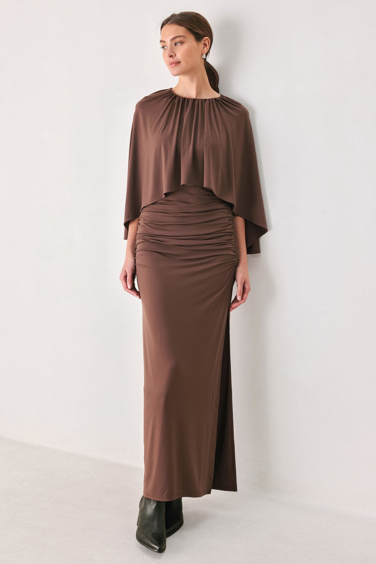 DUSTY ROSE DRAPE MAUVE CAPLET SHIRRED MIDI DRESS