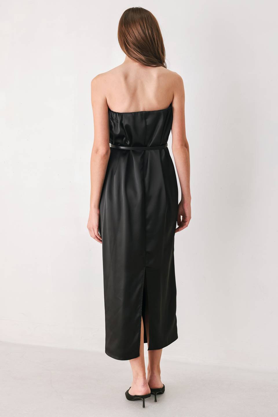 NOIR DRAPE BLACK RUCHED TULIP-SKIRT MIDI DRESS