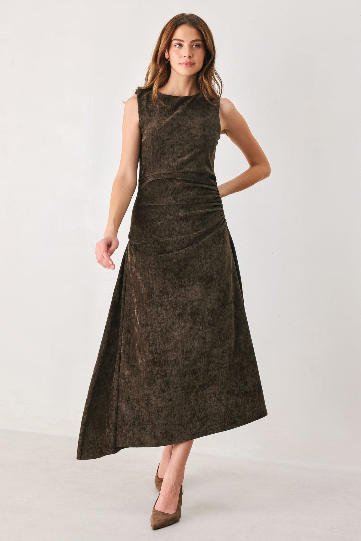 COCOA TWIST BROWN CHENILLE OPEN-BACK MIDI DRESS