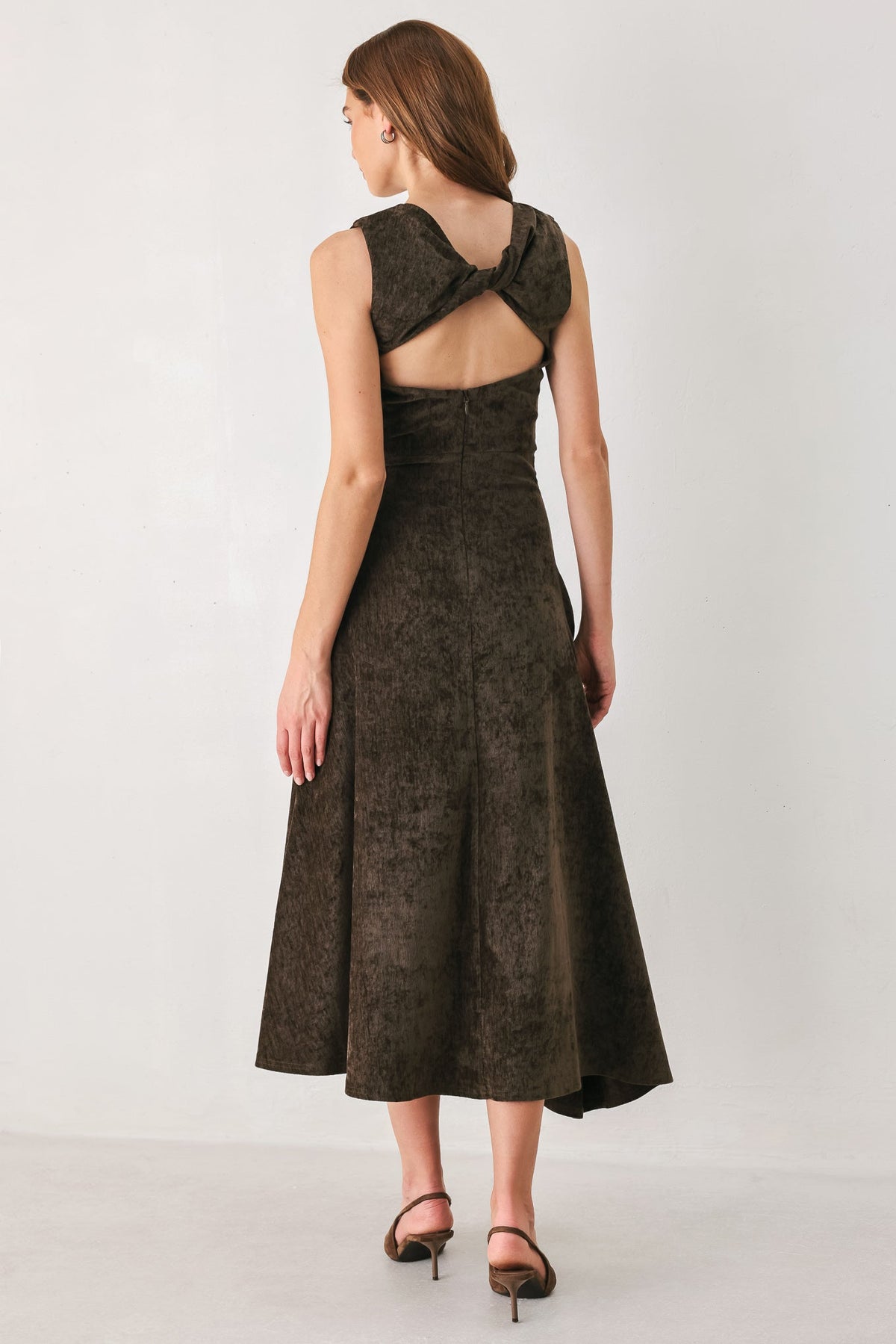 COCOA TWIST BROWN CHENILLE OPEN-BACK MIDI DRESS