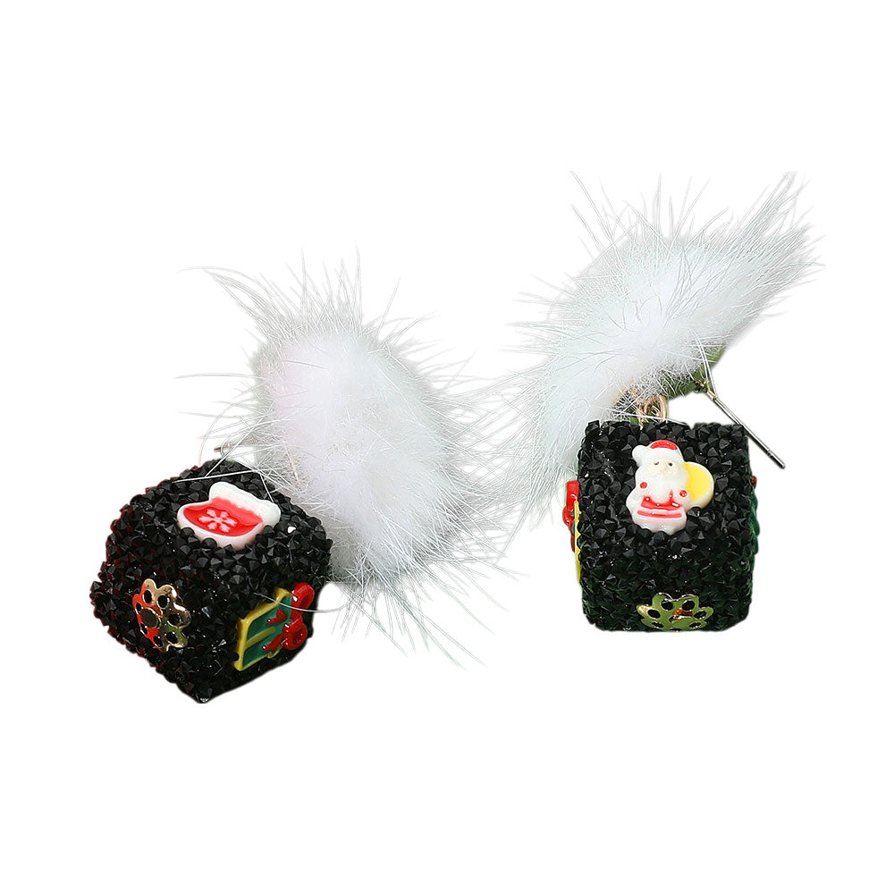 Pom Pom Glittered Christmas Dice Dangle Earrings
