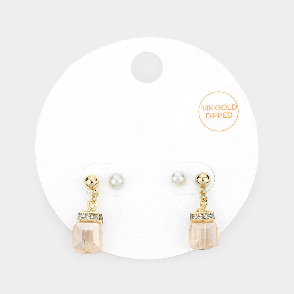 2Pairs - 14K Gold Dipped Pearl Stud Square Dangle Earrings