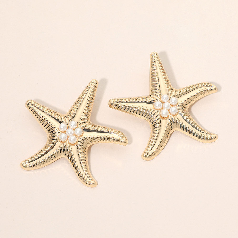 Bold Pearl Center Textured Starfish Statement Earrings