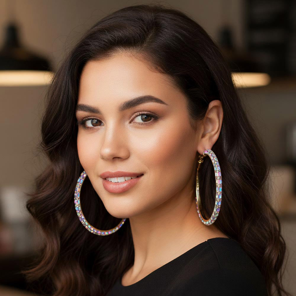 Oversized Baguette Rhinestone Embellished Hoop Earrings