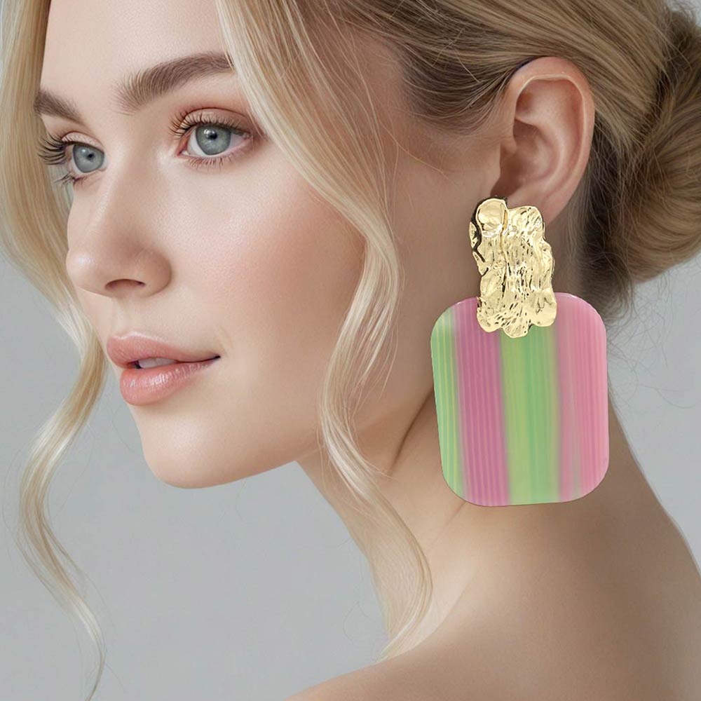 Women's Oversized Patterned Celluloid Acetate Plate Accent Door Knocker Dangle Earrings