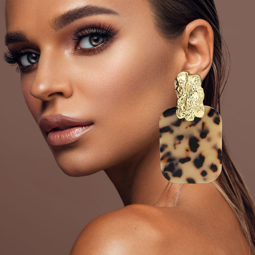 Women's Oversized Patterned Celluloid Acetate Plate Accent Door Knocker Dangle Earrings