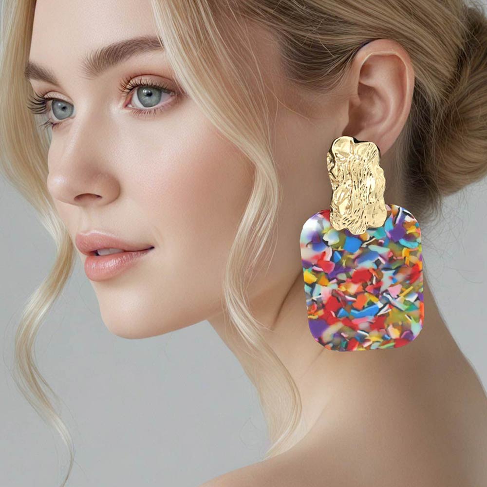 Women's Oversized Patterned Celluloid Acetate Plate Accent Door Knocker Dangle Earrings