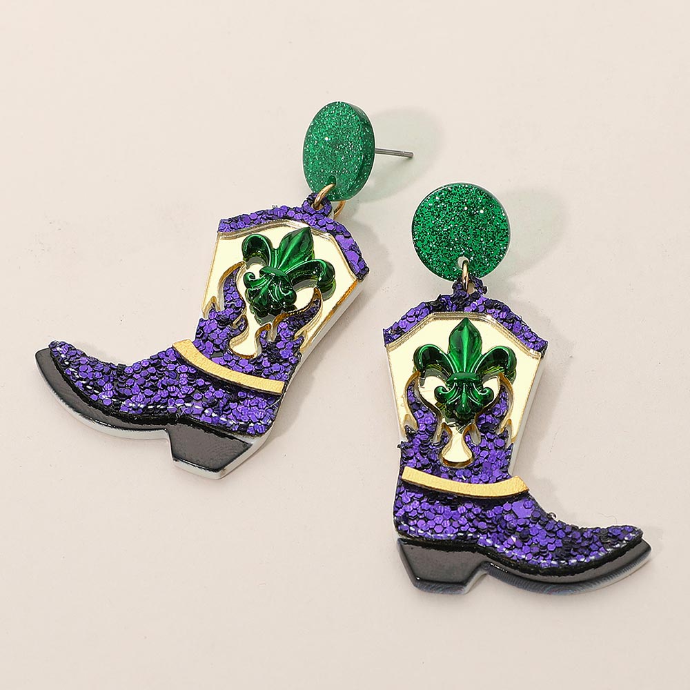 Women's Sequin Resin Mardi Gras Cowboy Boot Dangle Earrings