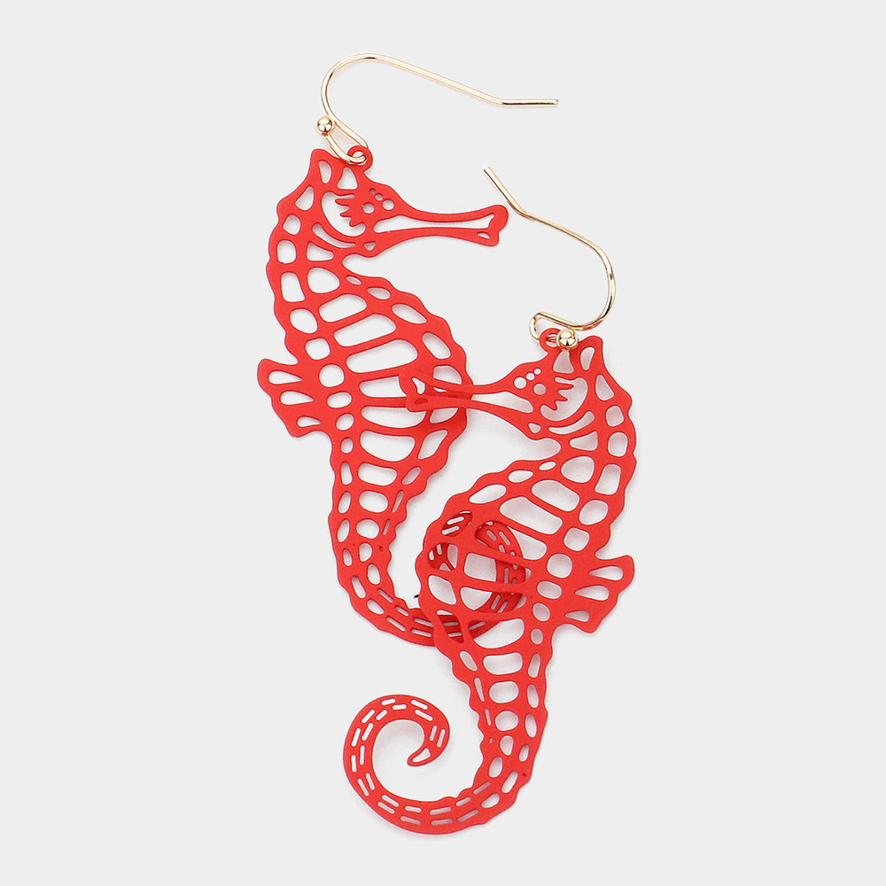 Brass Metal Cutout Seahorse Dangle Earrings