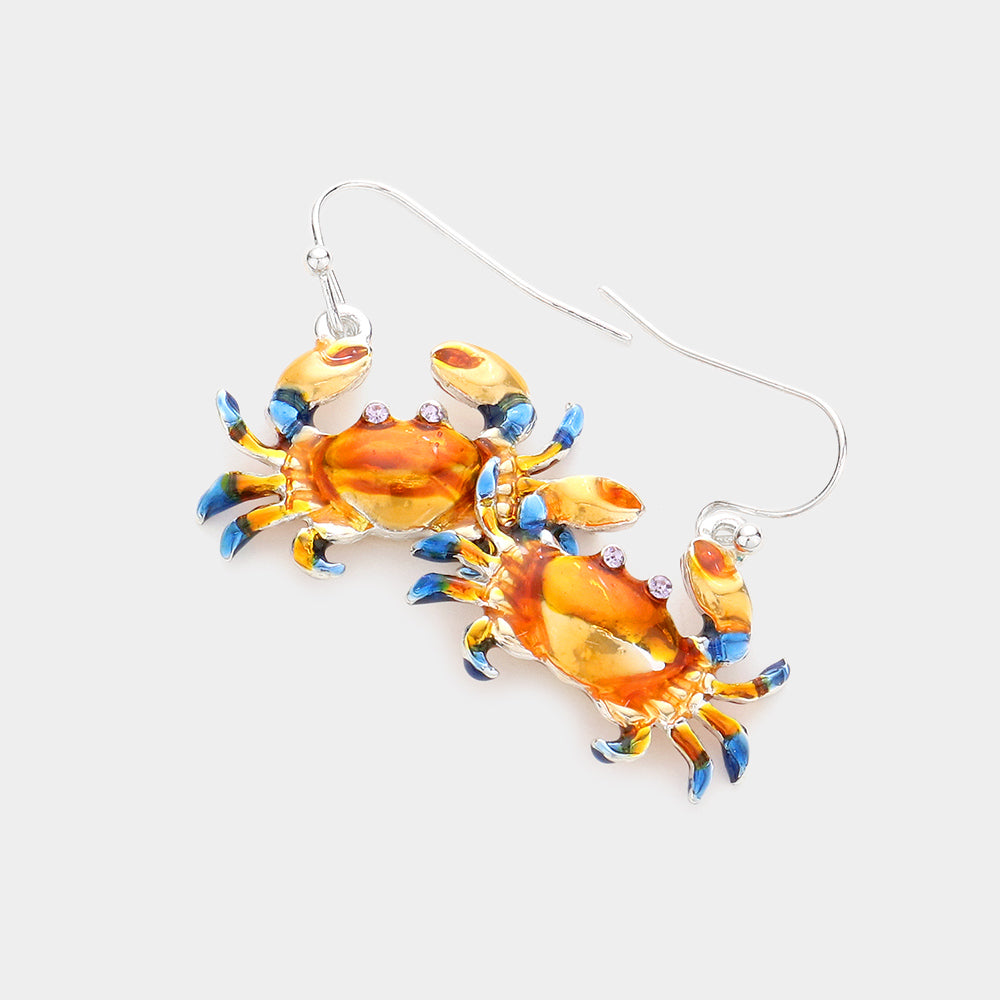 Rhinestone Embellished Enamel Crab Dangle Earrings