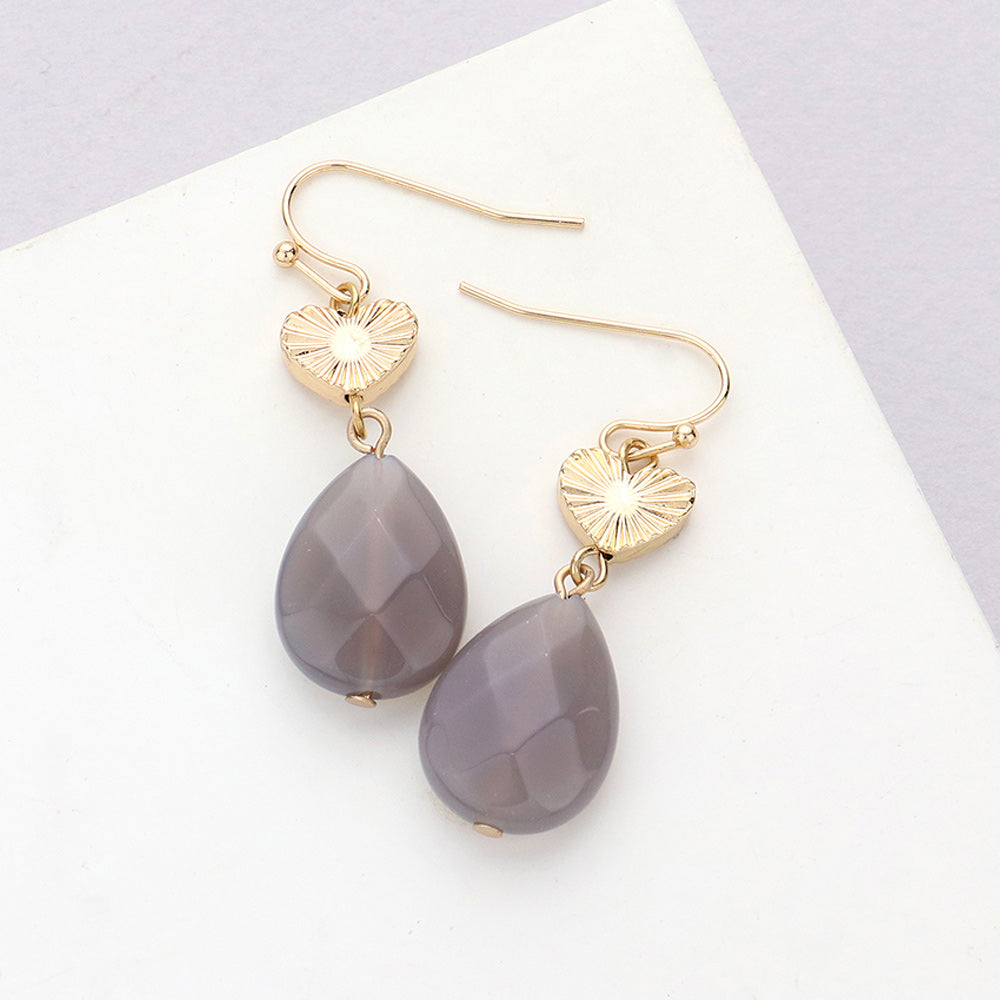 Metal Heart Teardrop Natural Stone Link Dangle Earrings