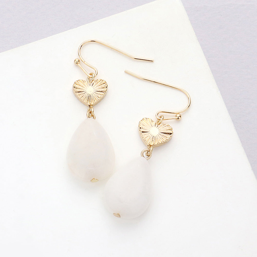 Metal Heart Teardrop Natural Stone Link Dangle Earrings
