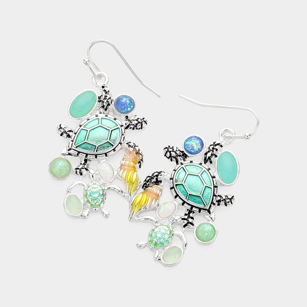 Stone Embellished Enamel Sea Turtle Dangle Earrings