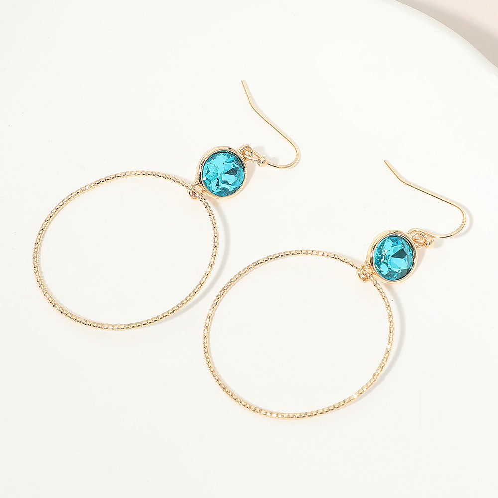 Round Stone Bezel Accent Open Hoop Drop Link Earrings