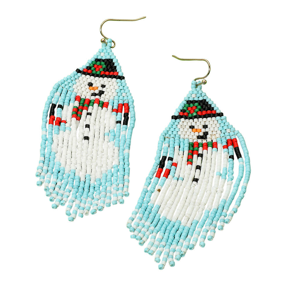 Beaded Snowman Fringe Dangle Earrings