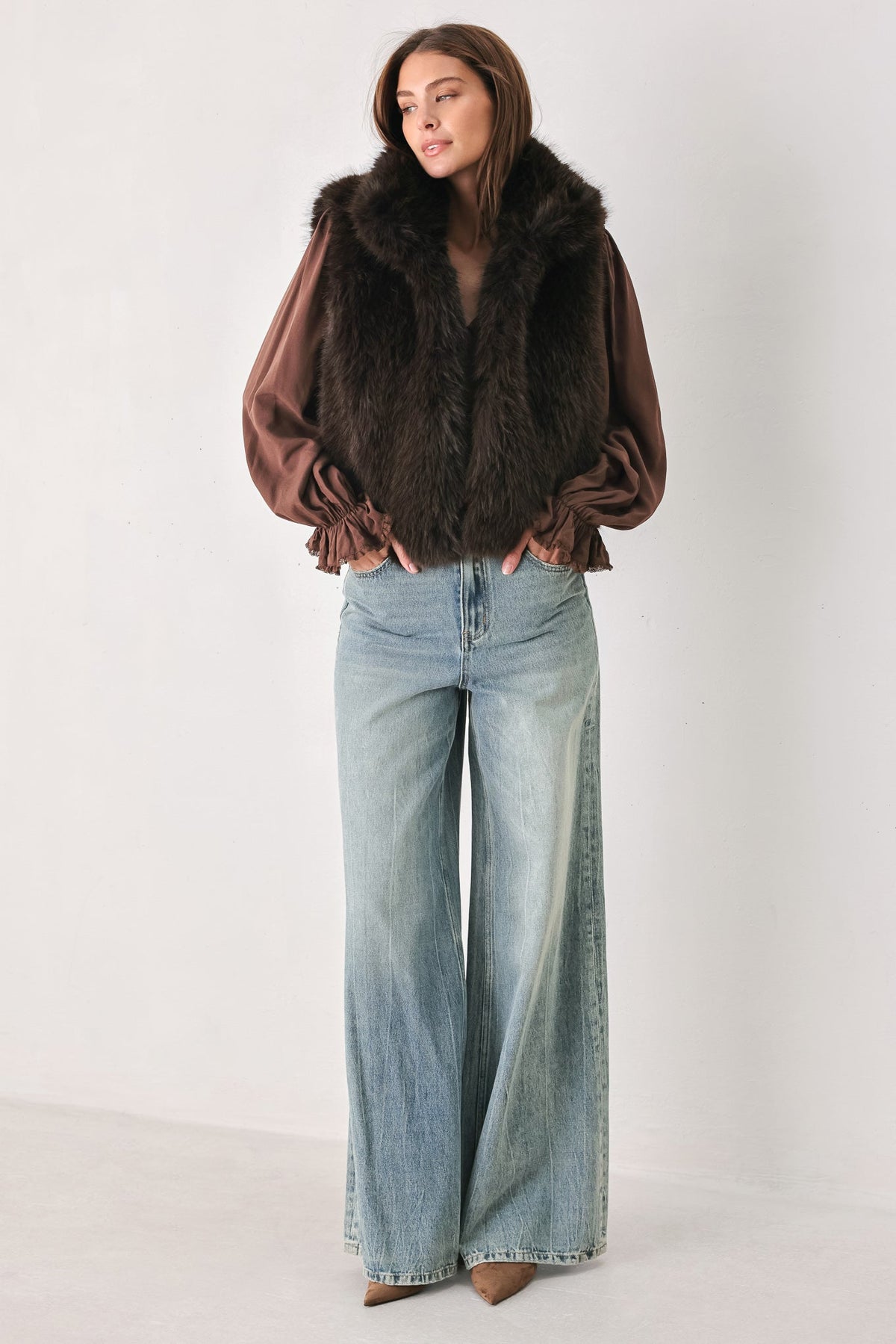 COCOA PLUSH CHOCOLATE BROWN FAUX FUR VEST