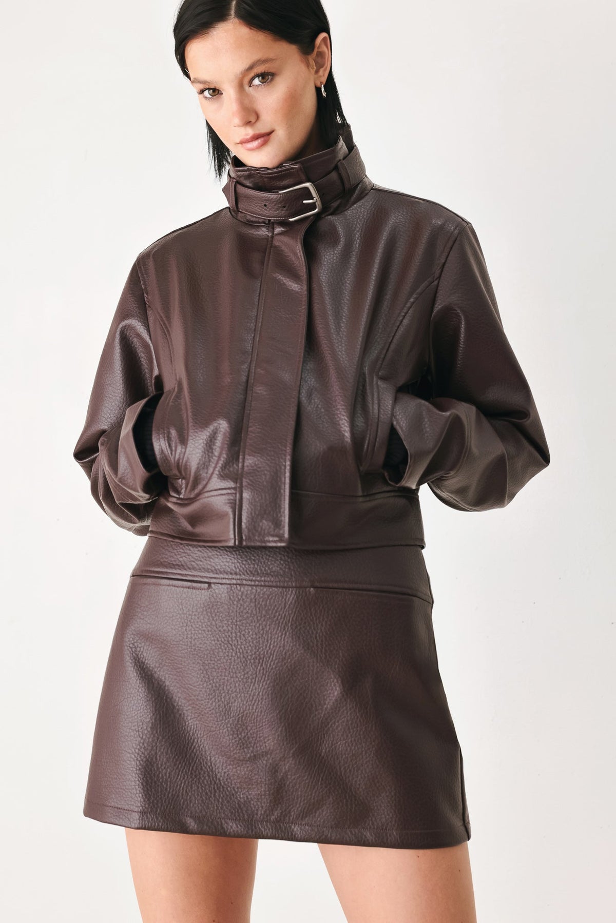 REBEL ROMANCE BUCKLED FAUX LEATHER CROPPED JACKET