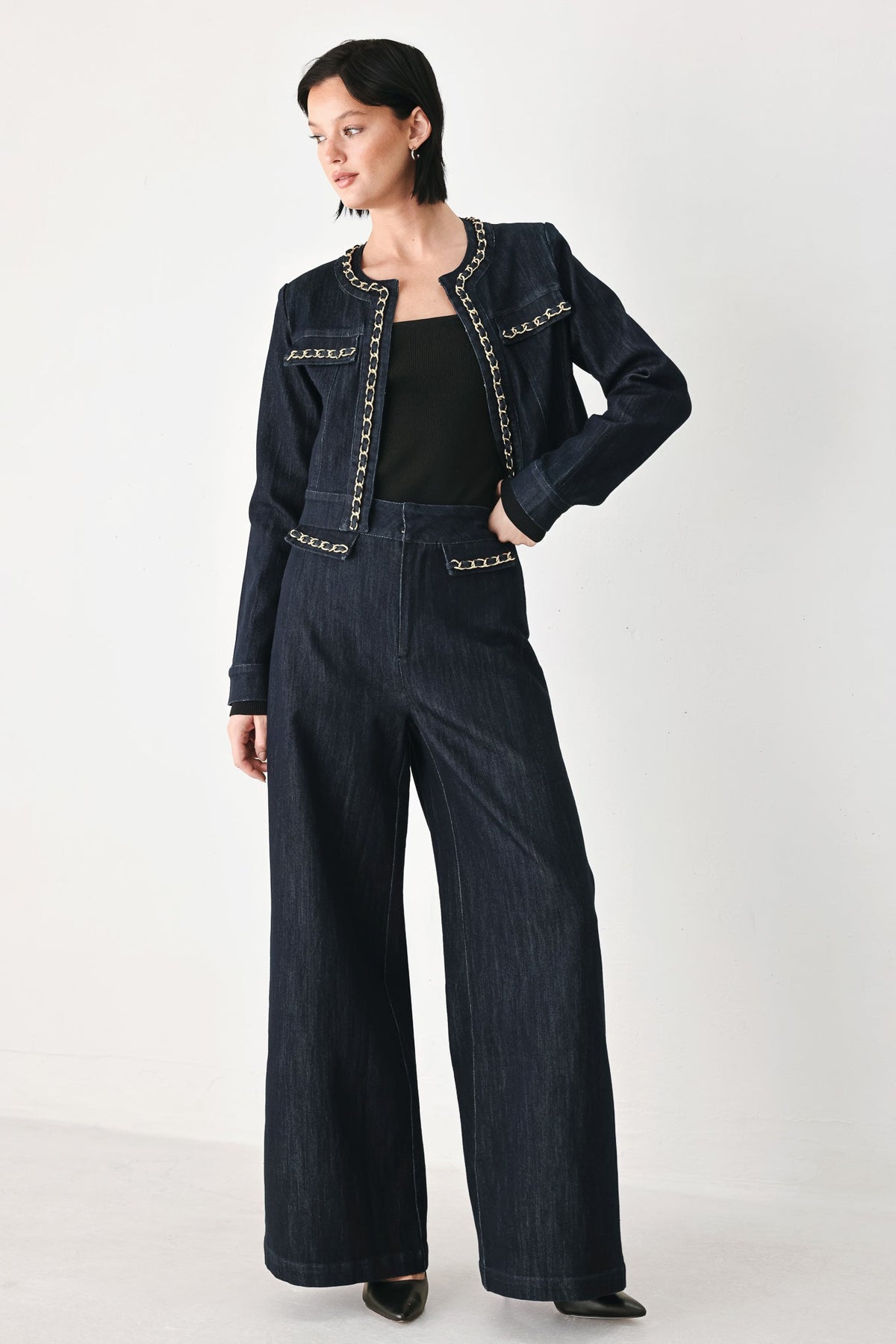 AFTER HOURS INDIGO CHAIN-TRIM DENIM JACKET