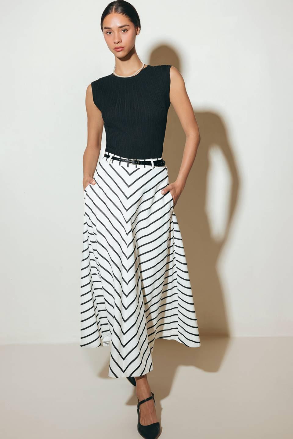 WEEKEND VIBE STRIP WOVEN MIDI SKIRT