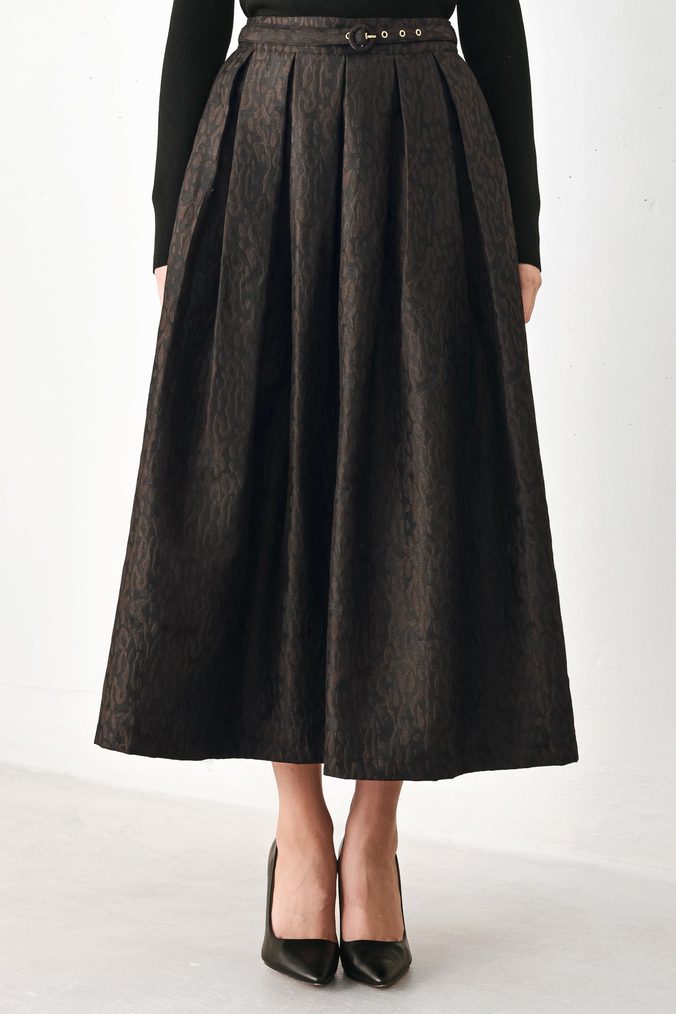 AUTUMN ELEGANCE BROWN TEXTURED BELTED MIDI SKIRT