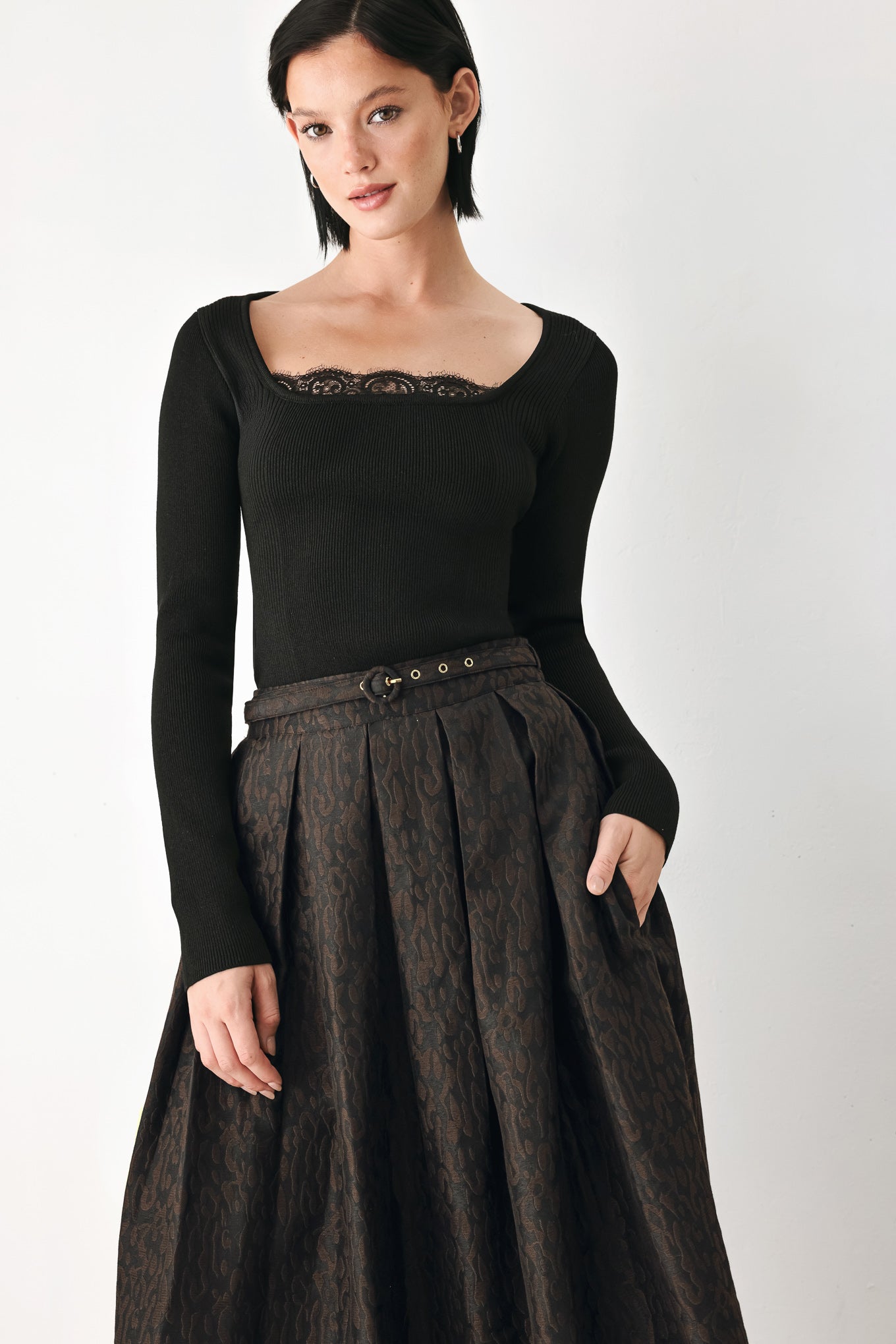 AUTUMN ELEGANCE BROWN TEXTURED BELTED MIDI SKIRT