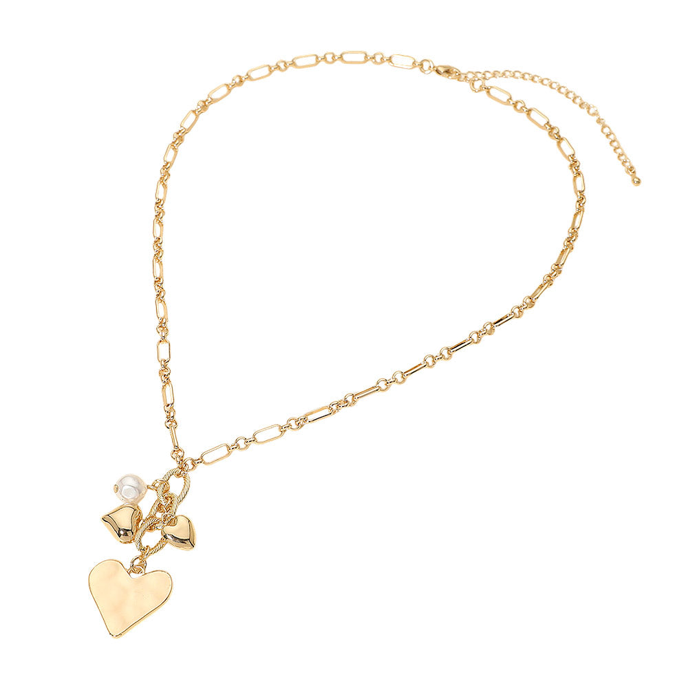 Heart Pearl Embellished Drop Charm Chain Necklace