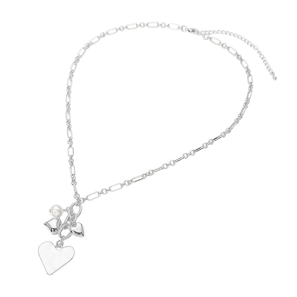 Heart Pearl Embellished Drop Charm Chain Necklace