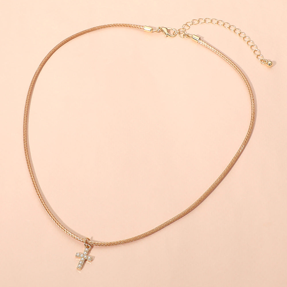 Stone Pave Cross Charm Pendant Cord Necklace