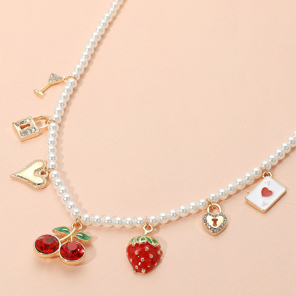Cherry Strawberry Heart Lock Martini Glass Charm Pearl Beaded Necklace