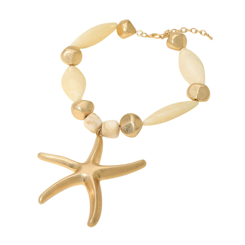 Bold Starfish Pendant Accent Chunky Beaded Statement Necklace