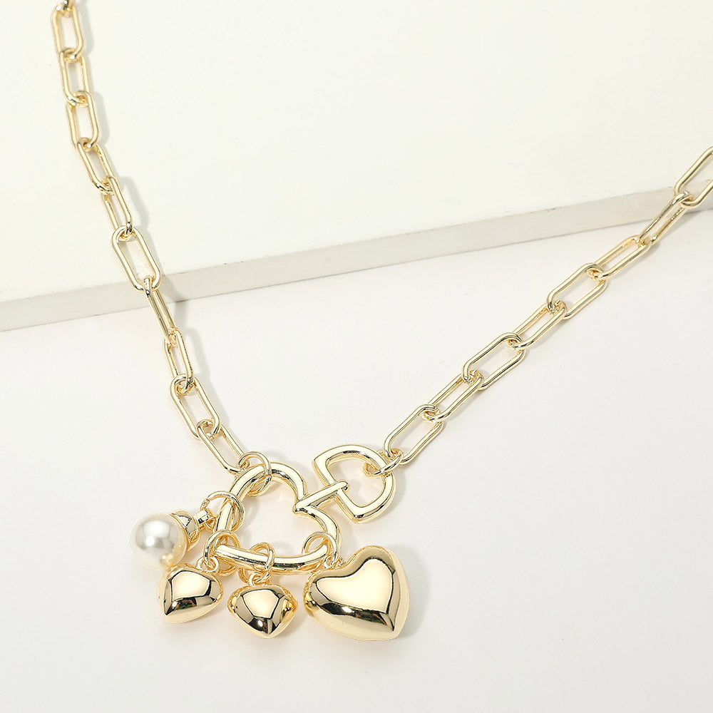 14K Gold Plated Heart Ring Pearl Charm Pendant Paperclip Chain Necklace