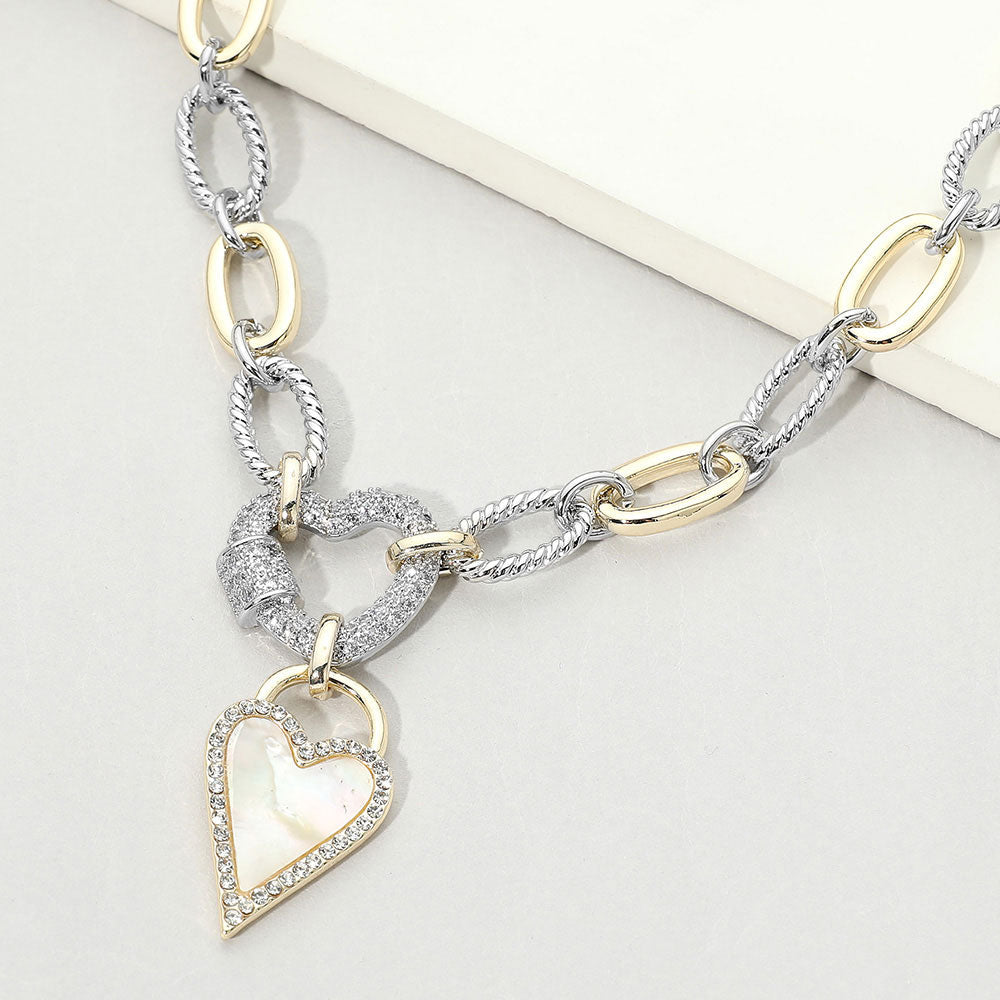 Two Tone 14K Gold Plated CZ Pave Heart Pendant Oval Link Statement Necklace