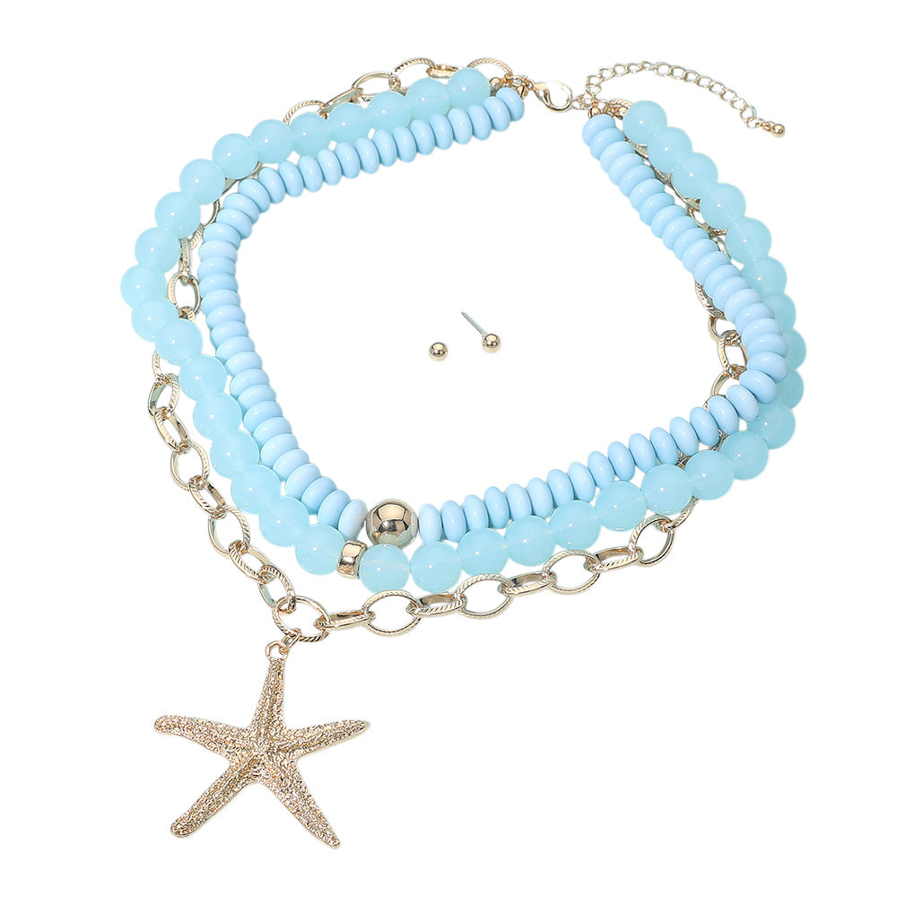 Bold Starfish Pendant Accent Multi Layered Beaded Chain Statement Necklace